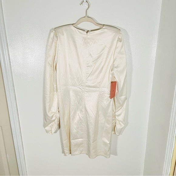 NEW BHLDN Maya Long-Sleeve Twist Satin Mini Dress Ivory Wedding Party Neutral - Picture 7 of 9